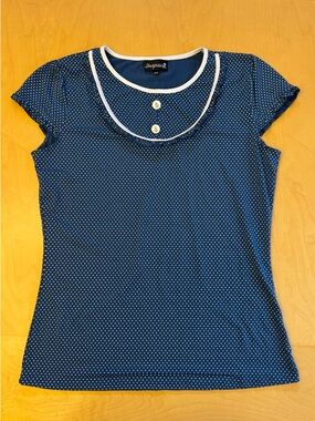 Sourpuss Navy Polka Dot Short Sleeve Top with White Trim XXXL